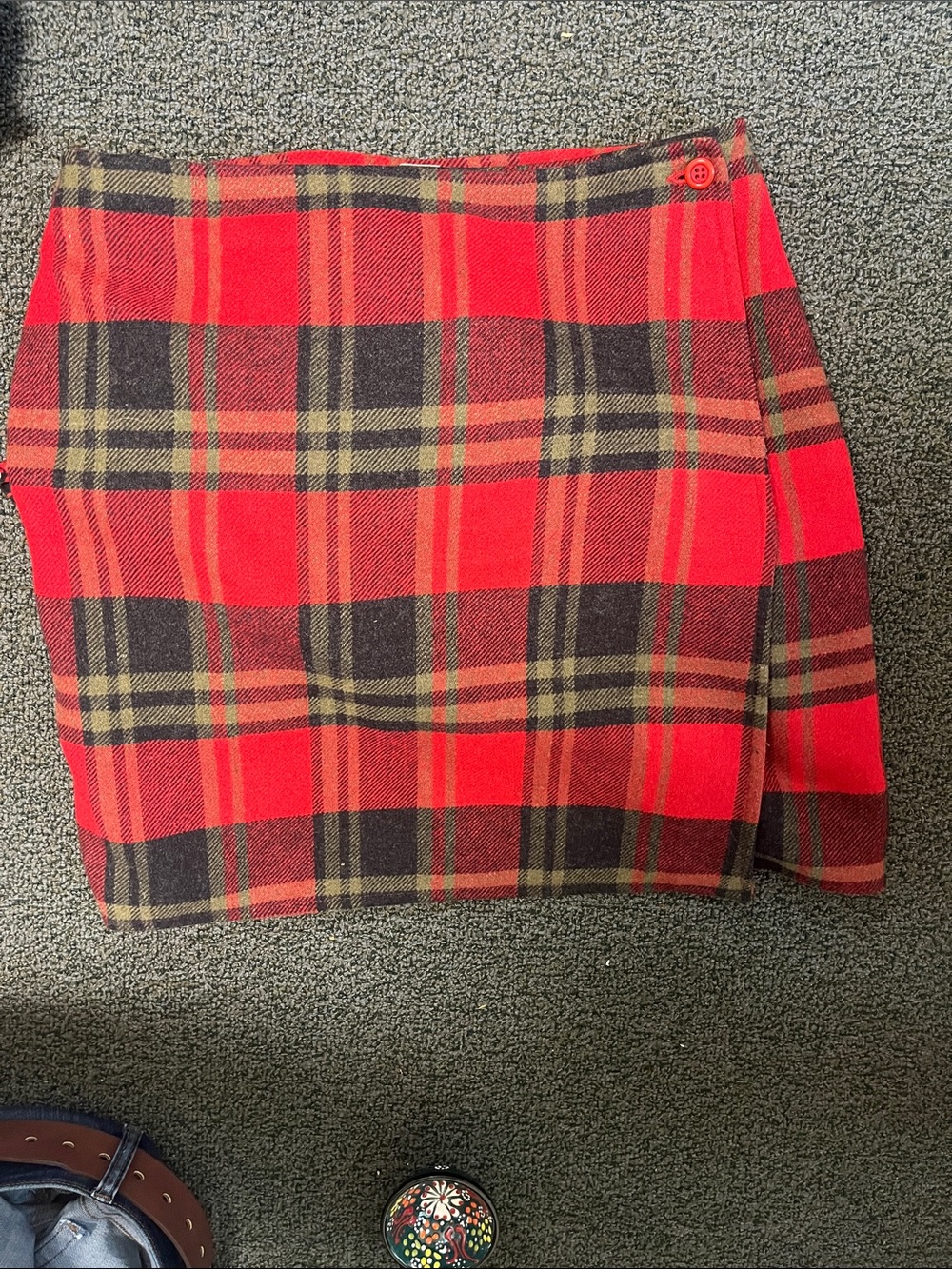 Red Plaid Wrap Mini Skirt with Side Button